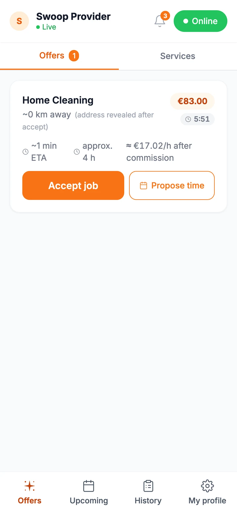 Swoop app showing a provider online with a new home cleaning job offer nearby, ready to accept